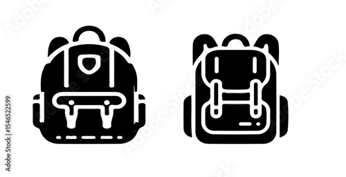 Two black and white backpack icons showcasing different styles and designs on a plain white background