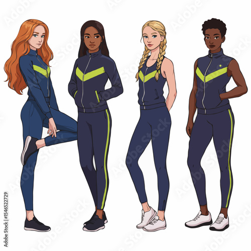 Group of four stylish diverse young women confidently posing in matching tracksuits on a white background.