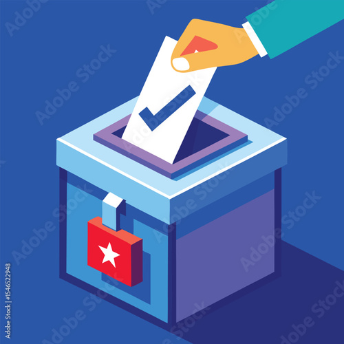 Hand Placing Ballot Paper in Blue Isometric Ballot Box