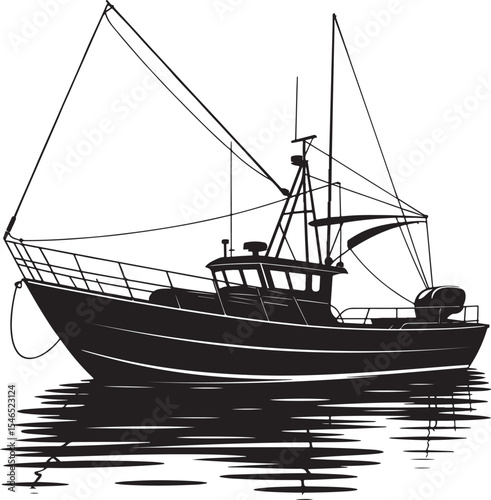 Fishing boat silhouette on calm water illustration