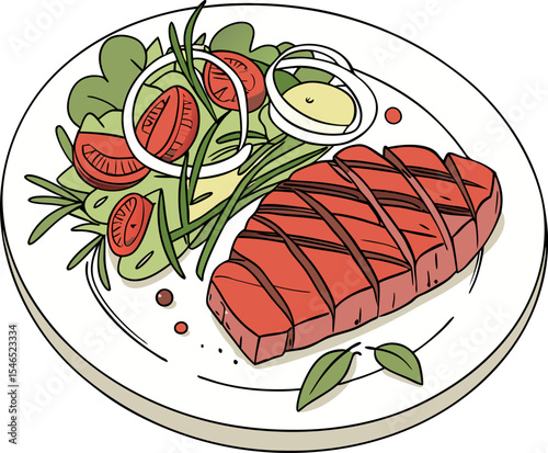 Realistic red meat grill and salad vector image on the plate