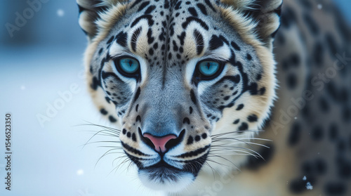 Extreme Close-Up of a Snow Leopard’s Ethereal Face with Icy Blue Eyes Glowing Against Thick White-Gray Fur