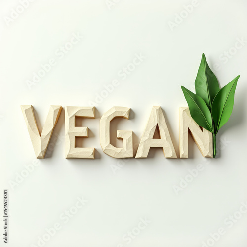 Word “Vegan” in Folded Paper Style with Origami Green Leaf Resting on the Side Isolated