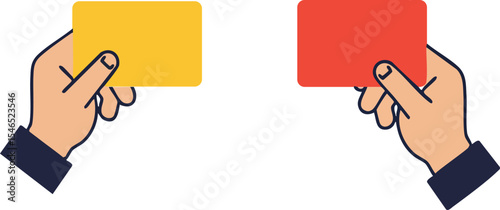 Hands holding yellow and red cards for decision making or signaling in sports and communication activities 