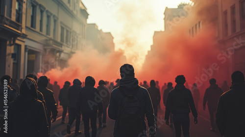 Fictional Concept: Tear Gas Over Sanctuary City Protest — A Large Crowd Demonstrates in a Self-Declared Sanctuary City Engulfed in Tear Gas, Symbolizing Resistance and Suppression