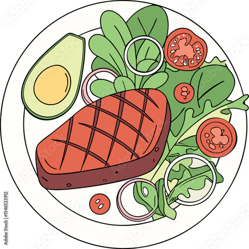 Realistic red meat grill and salad vector image on the plate