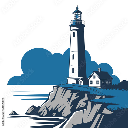 Scenic lighthouse standing on rocky cliff coastal vector art illustration
