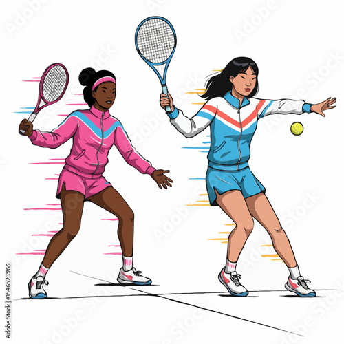 Two diverse young women energetically playing doubles tennis on a white background.