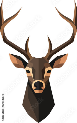Polygon style deer head with large antlers in geometric design and brown color tones vector illustration 