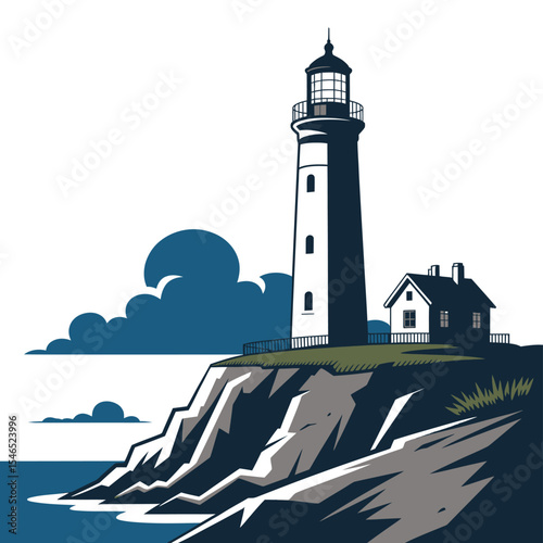 Scenic lighthouse standing on rocky cliff coastal vector art illustration
