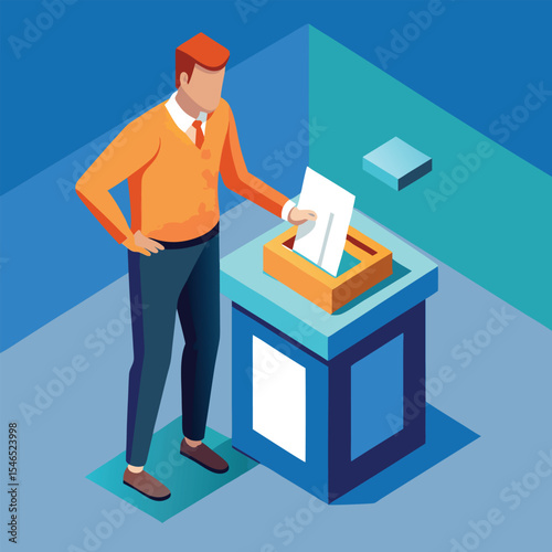 Isometric Man in Orange Sweater Voting Ballot Box illustration