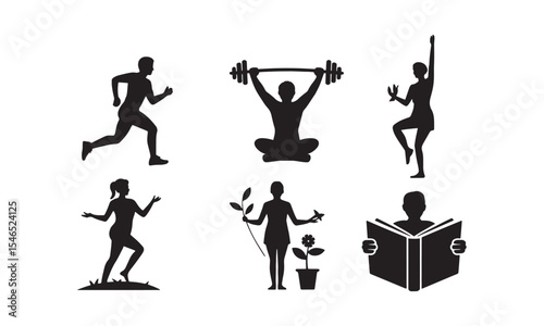 Six Black Silhouettes Diverse Activities Running Weightlifting Dancing Gardening Reading Book white runner