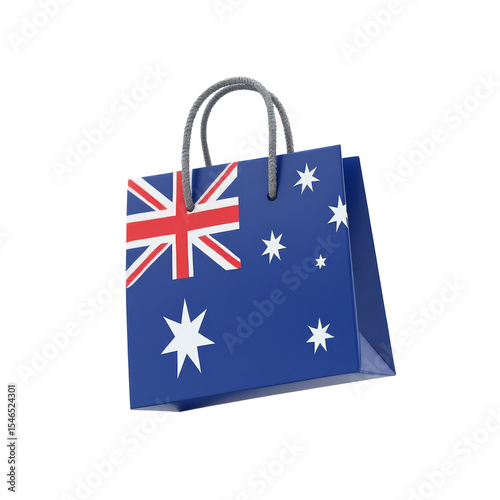 3D Shopping Bag Emoji Adorned with Australian Flag Floating on White.