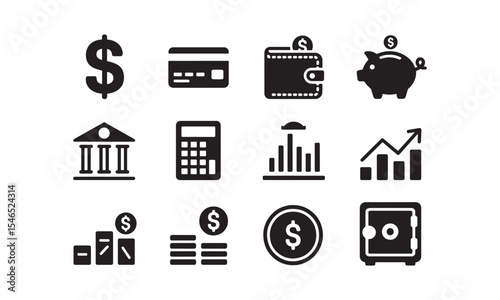 Black and White Finance Icons Set Dollar Sign Credit Card Wallet Piggy Bank Building Calculator Bar Graph