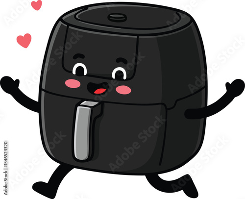 Cute black air fryer cartoon character with happy expression and hearts around running joyful kitchen appliance illustration 