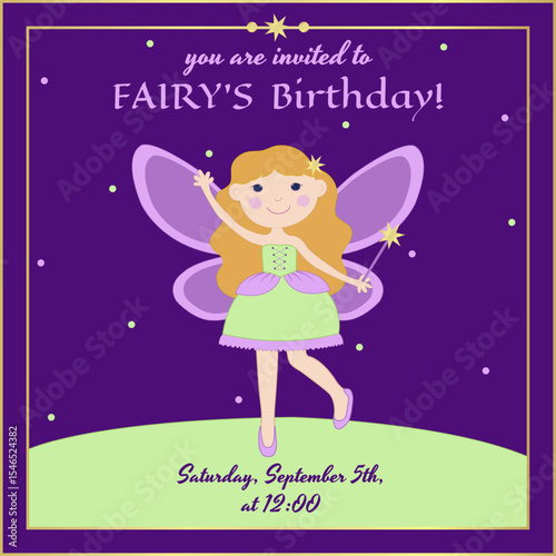 Fairy Birthday Invitation with gold, stars, confetti, fairy girl with magic wand and wings
