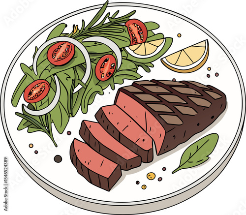 Realistic red meat grill and salad vector image on the plate