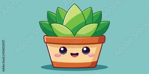 Kawaii Style Green Succulent Plant in Orange Pot Smiling