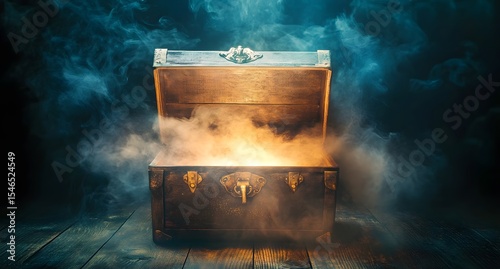 Magical Mysterious Wooden Chest Emitting Glowing Light in a Smoky Setting AI Generated