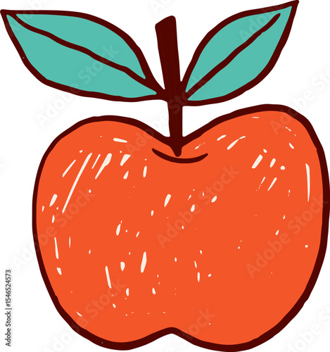 Cartoon red apple with green leaves. Back to school doodles series.