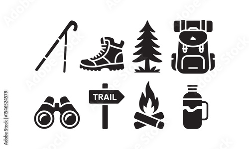Black Hiking Icons Set Trekking Equipment Backpack Boots Binoculars Trail Sign Campfire Water Bottle Walking Stick