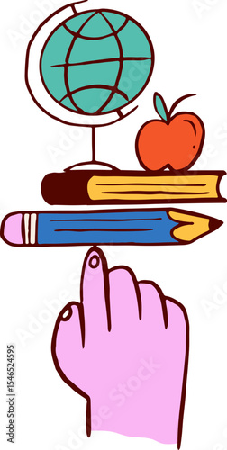 Hand balancing school supplies. Back to school doodles series.