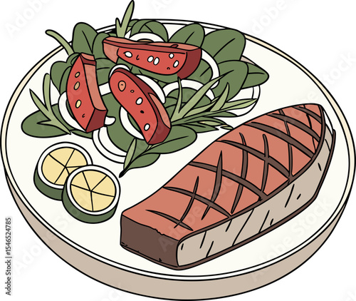 Realistic red meat grill and salad vector image on the plate