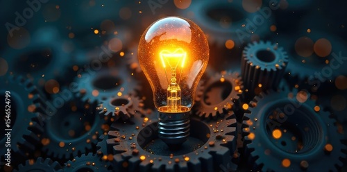 A lightbulb illuminates a complex network of gears, symbolizing a brilliant invention and innovative breakthrough The image evokes creativity, ingenuity, and problem-solving , illumination, ingenuity