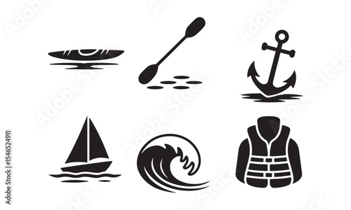 Black Silhouette Icons Kayak Paddle Anchor Sailboat Wave Life Vest Water Sports Nautical Symbols Graphics