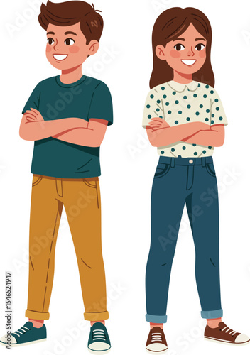 Confident young boy and girl standing with arms crossed wearing casual clothes and sneakers