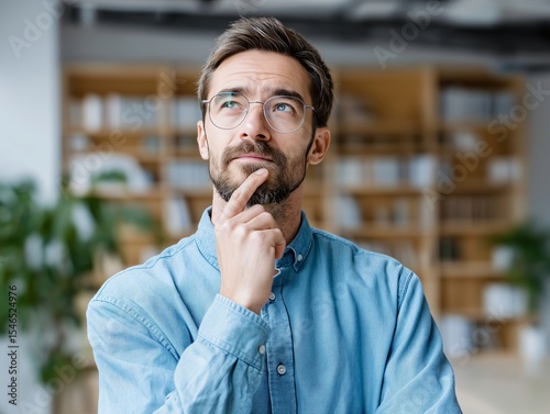 A thoughtful man contemplating, with a hand on his chin and a curious expression. He is wearing glasses and a casual shirt