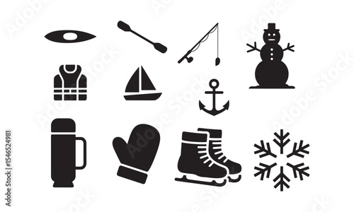 Black Silhouette Icons Set Kayak Paddle Fishing Rod Snowman Life Vest Sailboat Anchor Thermos Mitten Ice Skates
