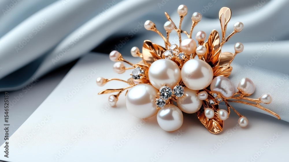 Fototapeta premium This stunning image features an elegant pearl brooch placed artistically on a soft silk background, highlighting sophistication, luxury, and the timeless beauty of jewelry design.