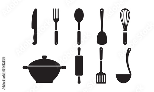 Black Silhouette Kitchen Utensils Collection Knife Fork Spoon Spatula Whisk Rolling Pin Ladle Pot vector