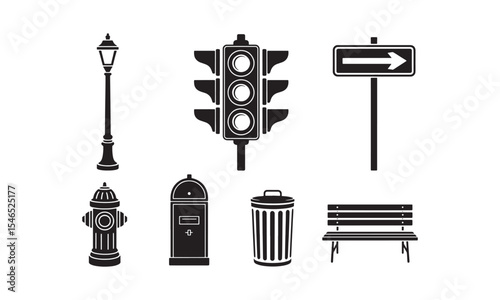 Black Silhouette Icons Street Lamp Traffic Light Sign Fire Hydrant Mailbox Trash Can Park Bench signal