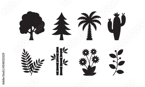 Black Silhouettes of Various Plants Trees and Flowers Set Botanical Icons Deciduous Coniferous Palm Cactus