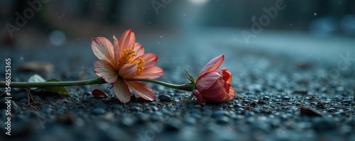 A somber scene depicting a single wilted flower lying on cold, hard ground; symbolic of loss and the fragility of life The image evokes a sense of finality and grief , withered, hard
