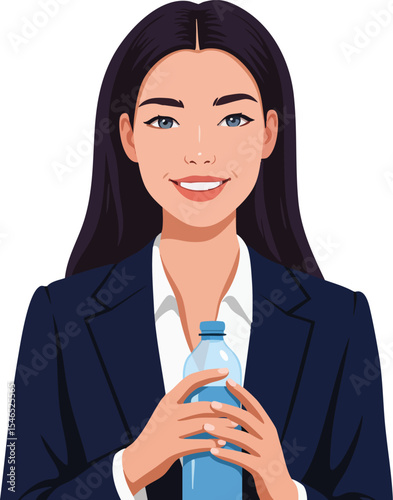 Young woman in navy blue blazer holding water bottle smiling portrait vector illustration 