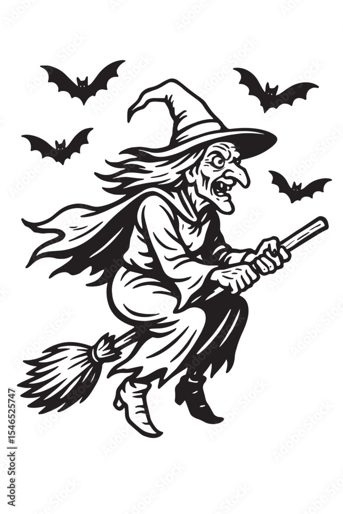 Fototapeta premium Haloween Witch drawing black and white