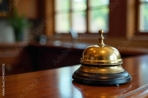 A vintage brass bell sits on a polished wooden reception desk, ready to summon service Ideal for hospitality, hotel, vintage, or old-fashioned themed imagery , hotel, polished, vintage