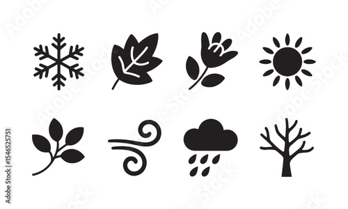 Eight Black Seasonal Icons Snowflake Leaf Flower Sun Branch Wind Rain Tree White Background vector
