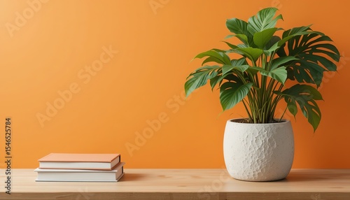Two Potted Plants on Stacked Colorful Books Against Vibrant Orange Wall Background , 32k Resolution
