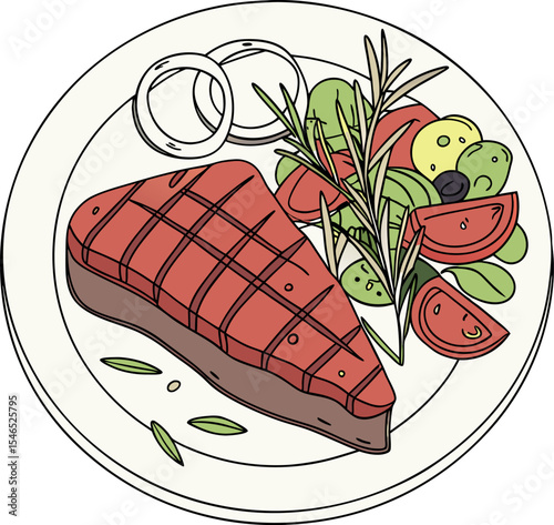 Realistic red meat grill and salad vector image on the plate