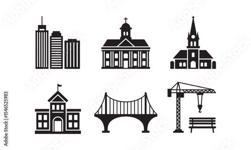 Six Black Silhouettes Cityscape Icons Buildings Church Bridge Crane Bench vector
