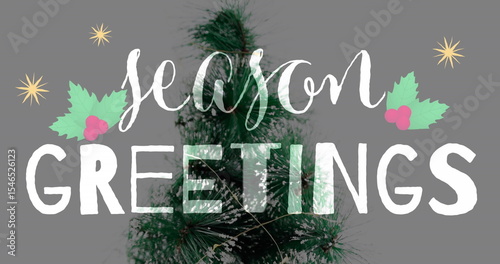 Featuring snow-dusted evergreen branch with holly and starbursts around season GREETINGS on grey