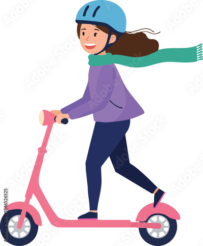 Girl riding pink electric scooter wearing blue helmet and green scarf in casual outfit natural lifestyle activity 