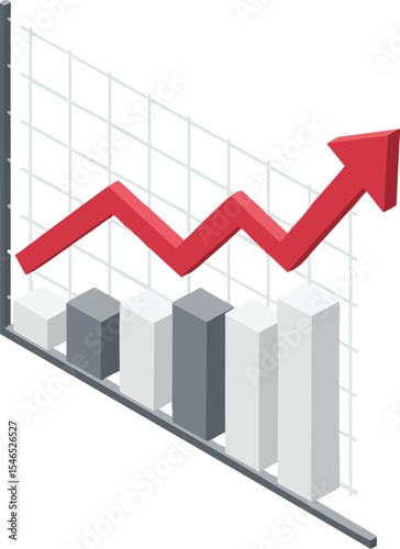 Rising red arrow graph with gray bar chart showing growth trend and financial progress in business analytics