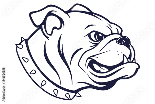 Stylized cartoon bulldog head shows an expressive spiked collar, outlined in dark blue