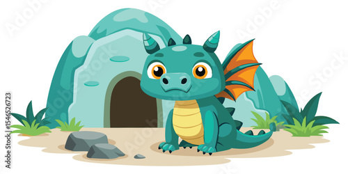 Teal Dragon Cartoon Sitting by Cave Entrance green