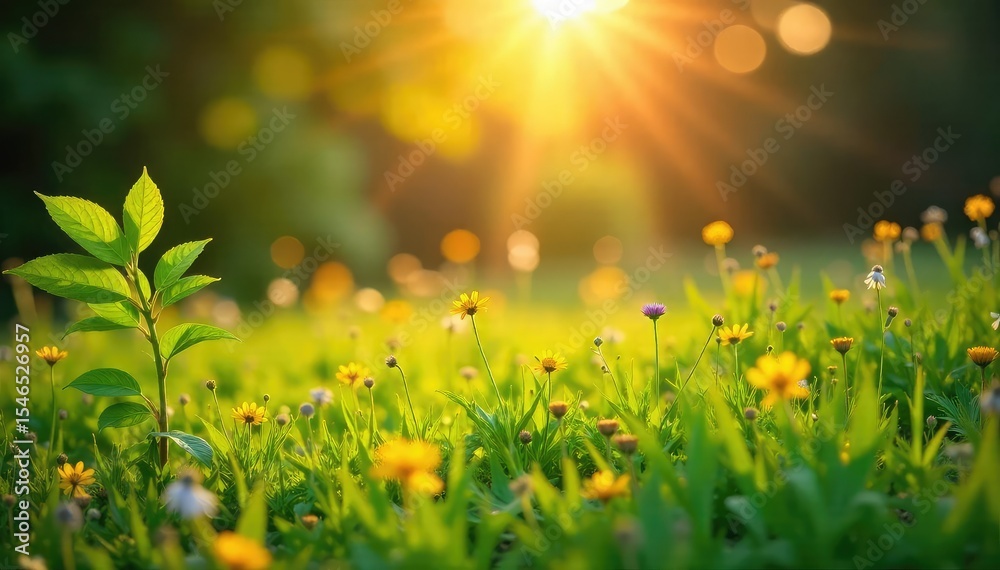 Obraz premium Golden hour sunlight bathes vibrant summer foliage, illuminating lush green leaves and wildflowers in a sun-drenched meadow Perfect for summer, nature, and travel themes , outdoors, flourishing